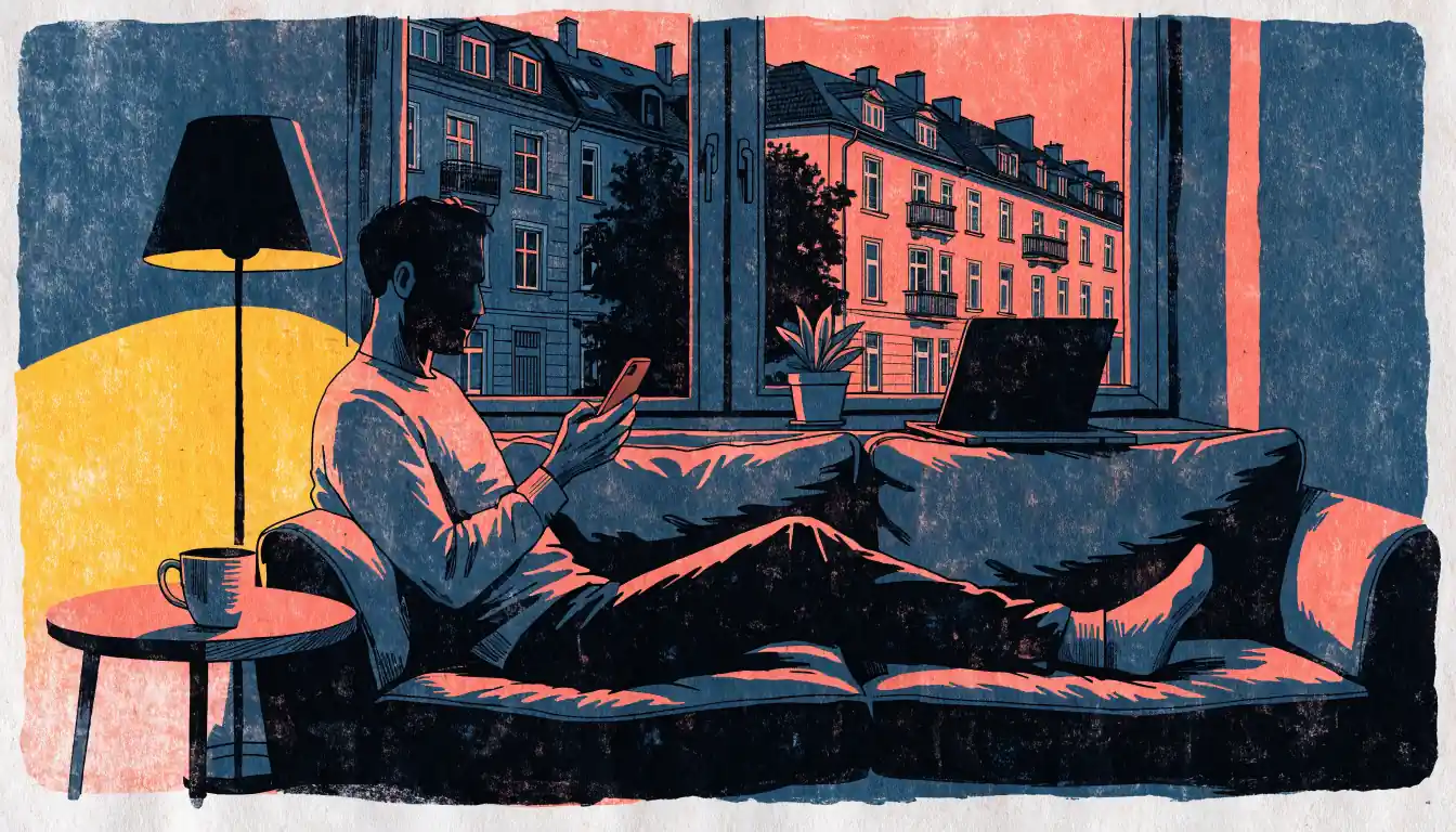 Mann auf der Couch mit Smartphone, warmes Wohnzimmer in Berlin, gemütliche Abendstimmung.