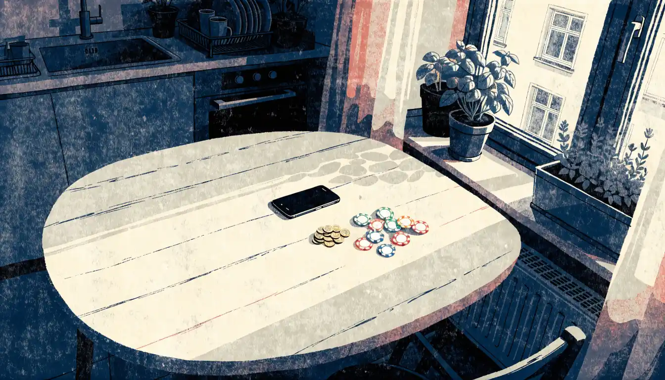 Smartphone und Spielchips auf einem Holztisch im Morgenlicht