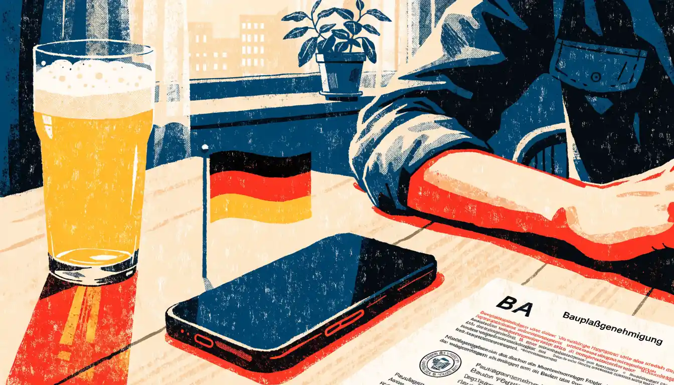 Smartphone neben Ausweis und Deutschlandflagge auf Tisch