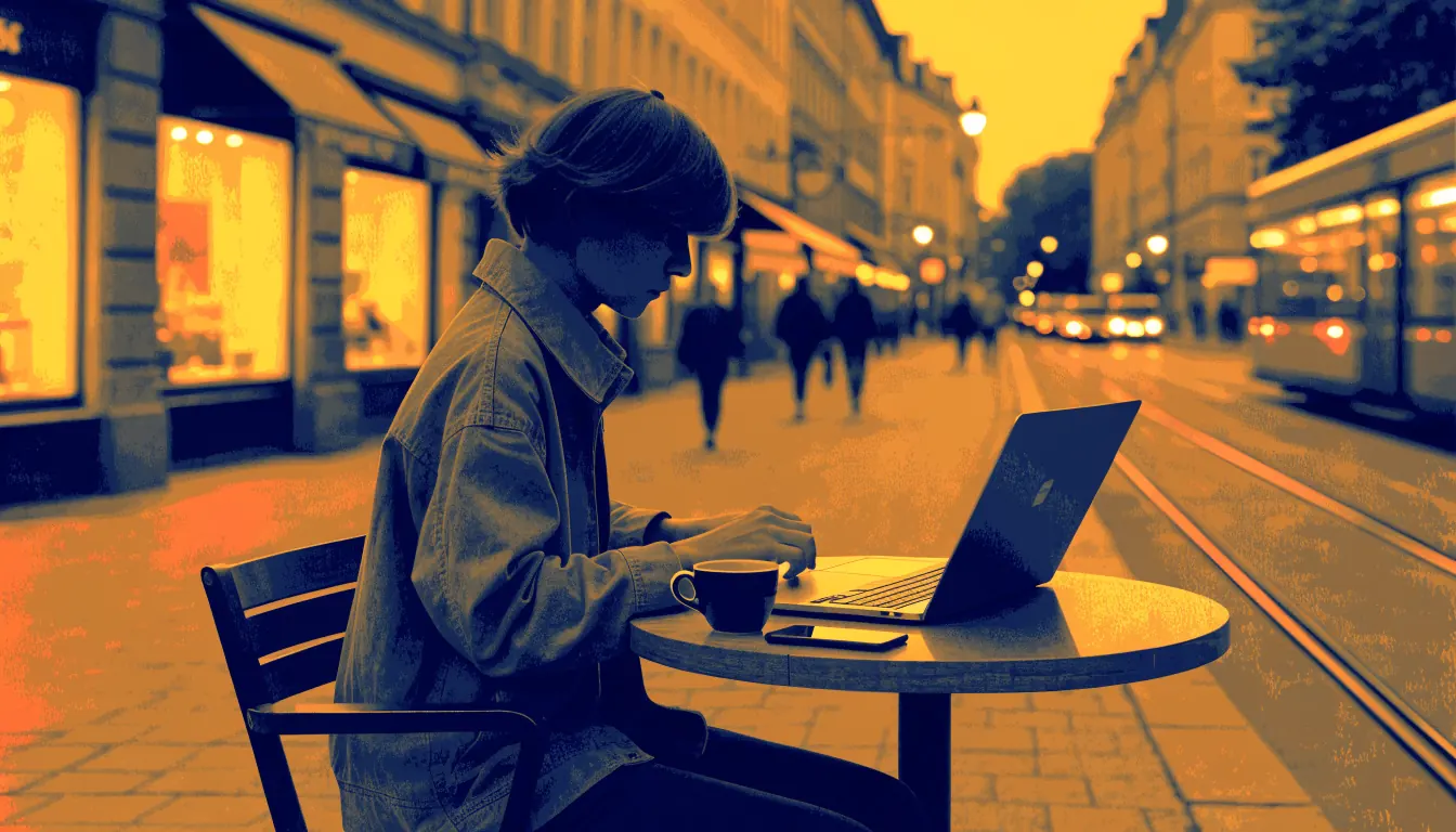 Abendliche Straßenszene in einer deutschen Stadt mit Laptop und Smartphone im Café