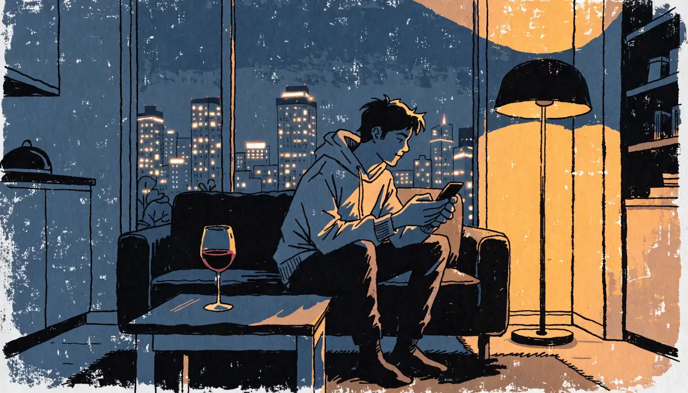 Junger Mann entspannt abends mit Smartphone auf dem Sofa, warmes Licht, Blick auf die Stadt.