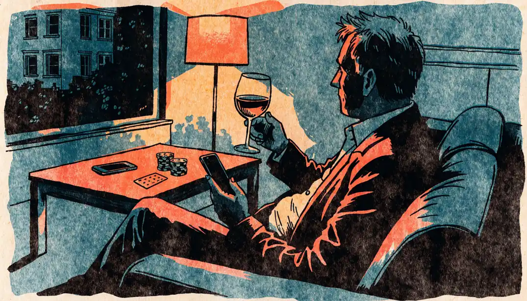 Mann auf Sofa mit Smartphone und Wein im Wohnzimmer