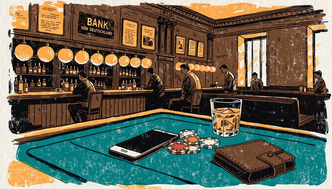 Deutsches Casino-Lounge-Interieur mit Smartphone, Geldbörse und Pokerchips auf einem Filztisch