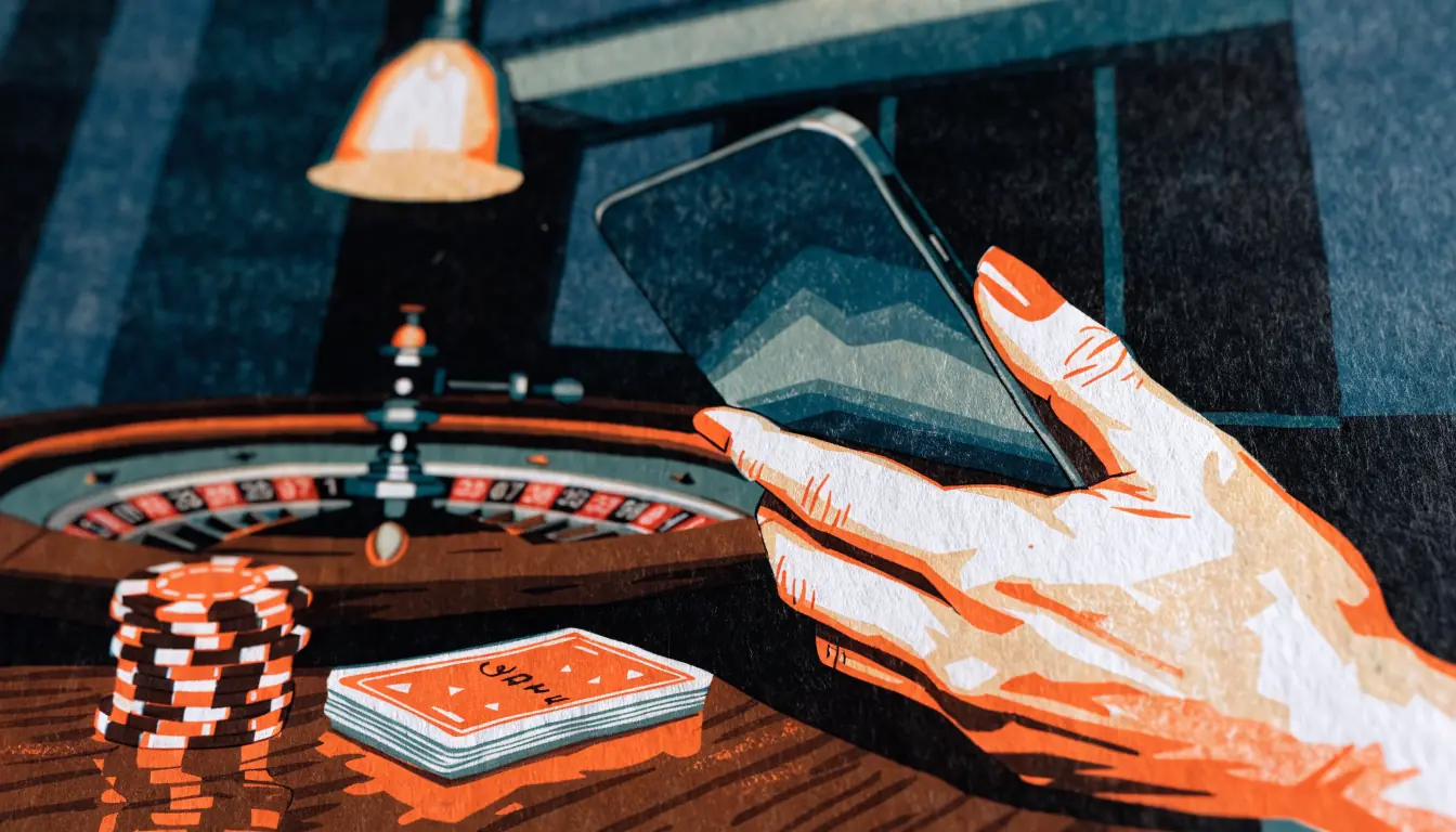 Smartphone mit Google Pay über Spieltisch mit Chips und Roulette