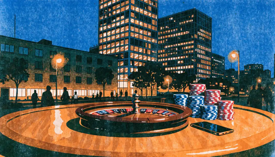 Deutsche Großstadt bei Nacht mit Casino-Chips, Rouletterad und Smartphone auf Holztisch.