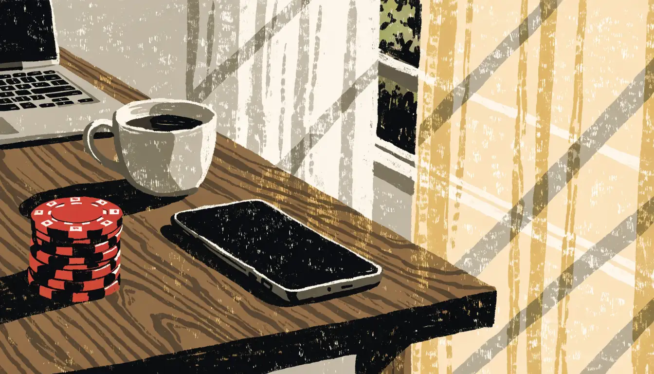 Smartphone neben Casino-Chips und Kaffeetasse auf Holztisch in modernem deutschen Apartment