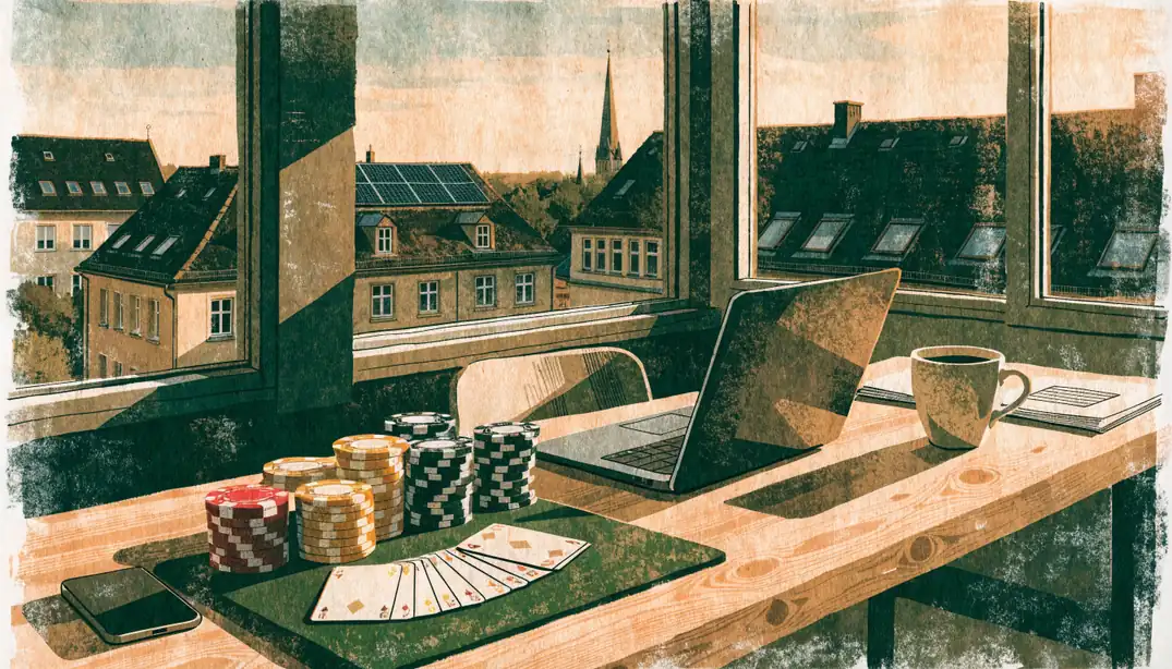 Casino-Chips und Spielkarten auf einem Schreibtisch in moderner deutscher Wohnung