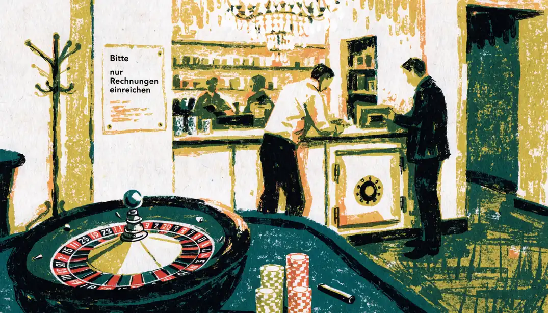 Innenansicht einer deutschen Spielbank mit Roulette-Tisch, Chips und Tresen