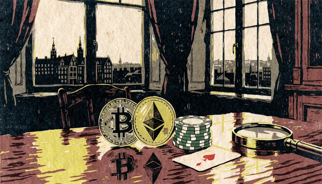 Schreibtisch mit Krypto-Münzen, Casino-Chips und Spielkarte bei warmem Abendlicht.
