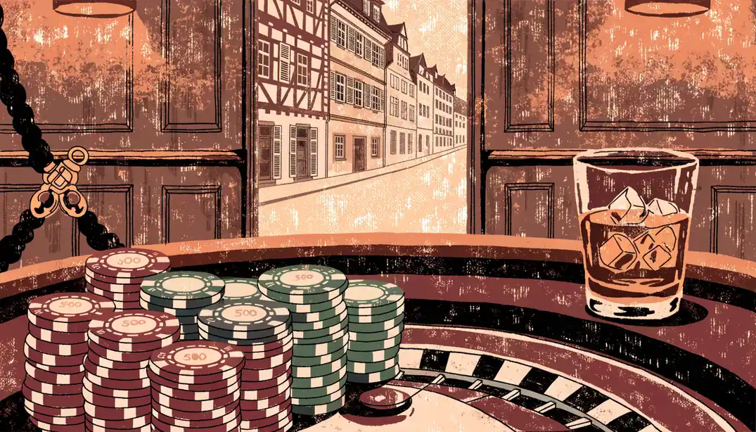 Casino-Tisch mit Roulette, hochwertige Chips und ein geöffnetes Absperrseil in warmem Licht